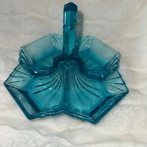 Vintage Blue Divided Relish Dish w/ Handle | Indiana Glass | 1970s